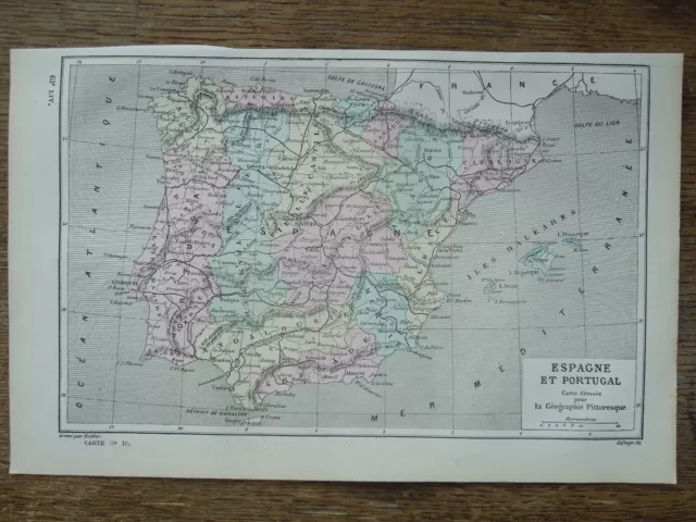 Carte Géographique Ancienne  Espagne Portugal   Circa 1890 GPA129