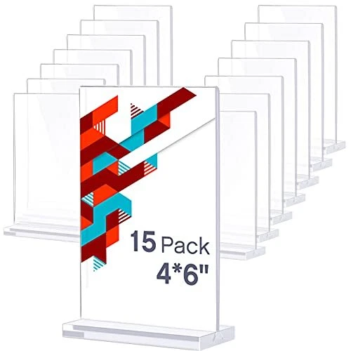 Yalikop 15 Pieces 4 x 6 Inch Acrylic Sign Holder Clear Slanted Sign Holder Ta...