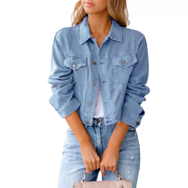 Autumn Coat Long Sleeve Discolored Buttons Women Denim Jacket Short Cool