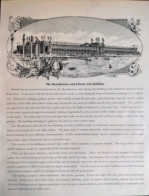 1893 Manufacturers & Arts Building Illustration Chicago Worlds' Fair Exposition