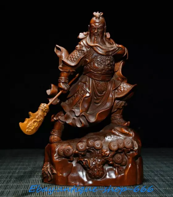 collect old Chinese Boxwood Dragon Guan Gong Guan Yu YunChang warrior God Statue