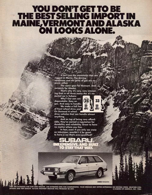 1981 Subaru 4WD Wagon - Maine Vermont Alaska Snow Cap Mountains - Print Ad Photo
