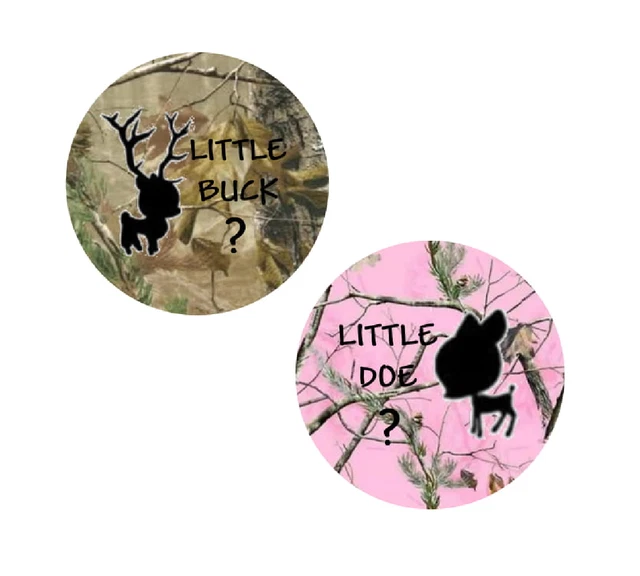 30 Gender Reveal, Baby Shower Little buck? Doe? Camo Stickers 1.5" round