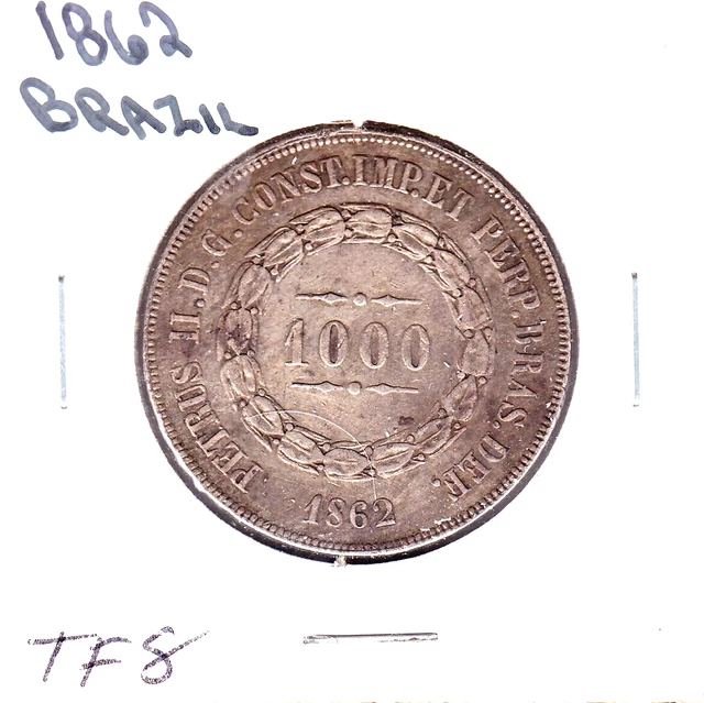 1862 Brazil 1000 Reis  (KM-465)  .3729 ASW Silver!