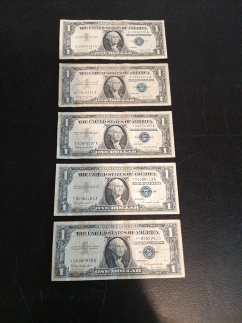 LOT of (5) 1957 A $1 SILVER CERTIFICATES STAR * NOTEs BLUE SEAL ONE DOLLAR BILL