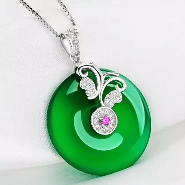 Womens 925 Sterling Silver Burmese Green Jade Butterfly Chakra Pendant Necklace