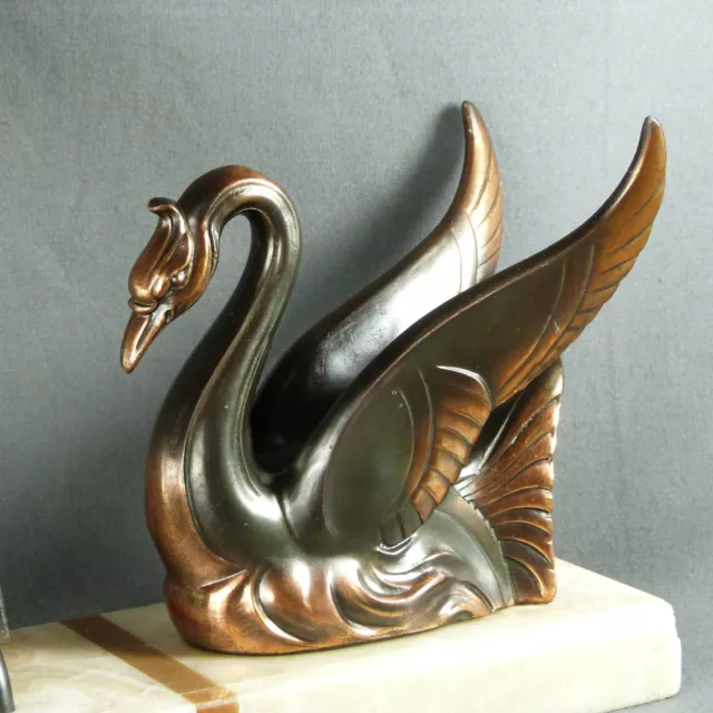 French Art Deco Bronzed Spelter sculpture gilded & green Swan mounted on Marble