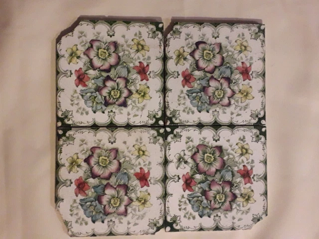 Antique Reclaimed Tint & Print set of 4 Tiles Victorian Flowers very Pretty