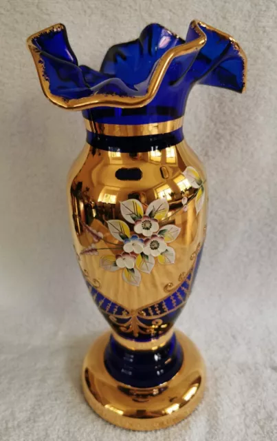 Vase, Prunkvase, Vintage, Bohemia, Handbemalt, blau, gold, Blüten, 28 cm hoch