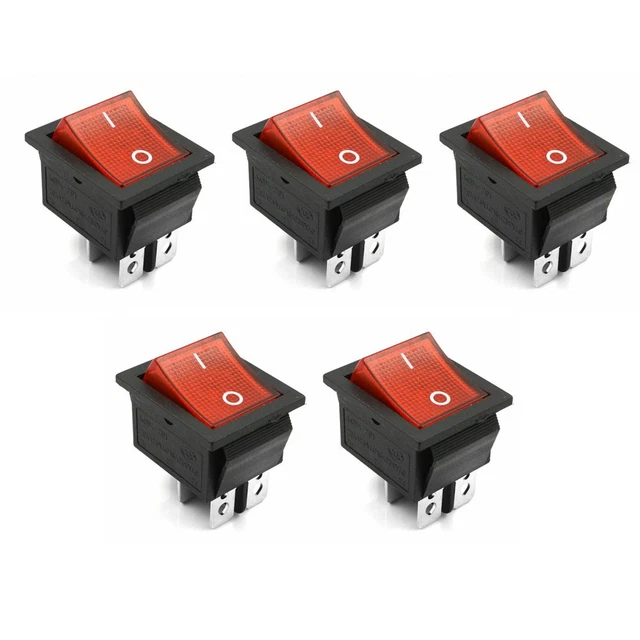 5 X RED ON-OFF 2 Position, Rectangular, Rocker Switch 4 Pins 16A/250V ...