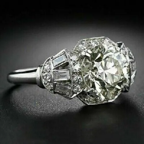 3.16CT White Round Cut Lab Created Diamond Art Deco Ring 14K White Gold Finish