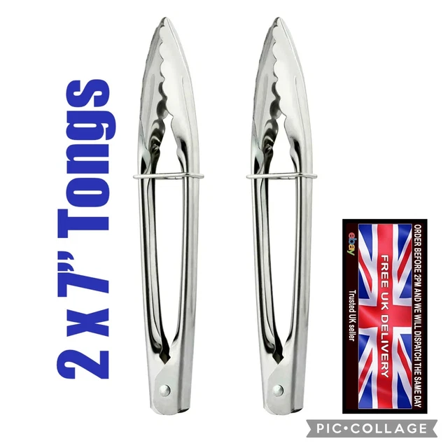 2 Mini 18cm Stainless Steel Salad Tongs BBQ Kitchen Cooking Serving Utensil Tong