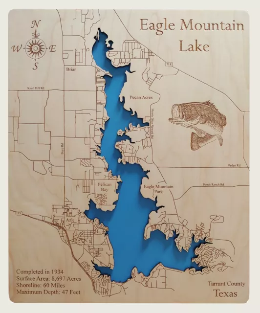 Eagle Mountain Lake, Texas - Laser Cut Wood Map | Wall Art | Made to Order