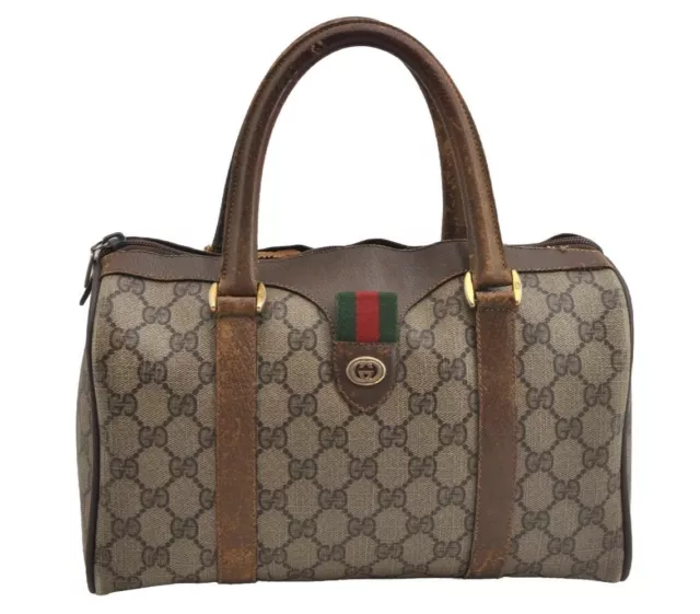 Authentic GUCCI Web Sherry Line Hand Boston Bag GG PVC Leather Brown Junk 8272I