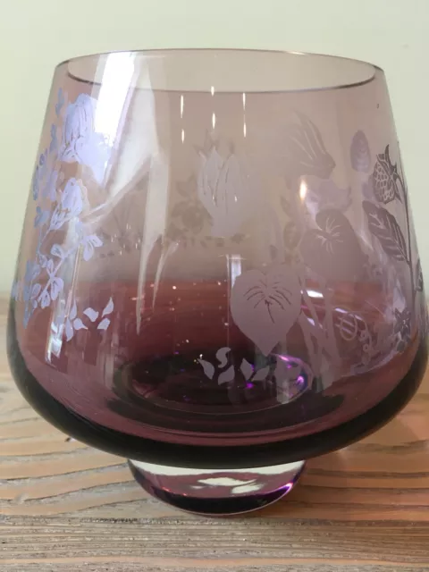 Vintage Caithness Amethyst Purple Etched Flowers Glass Bowl Vase