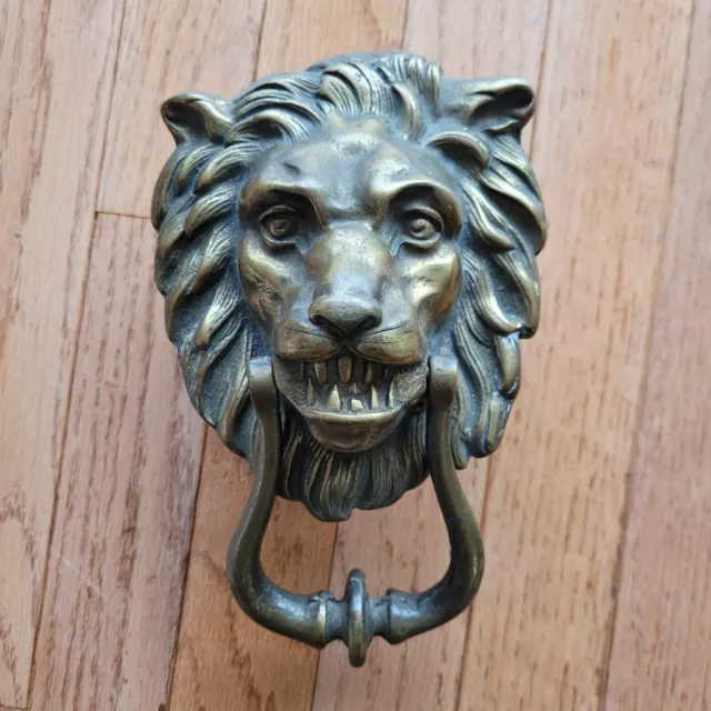 Vintage Brass Lion Head Teeth Bearing Door Knocker Patina 2.22lb