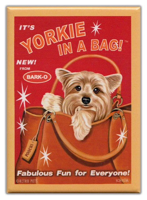 Retro Perros Refrigerador Imanes: Yorkie en Una Bolsa Vintage Publicidad Arte