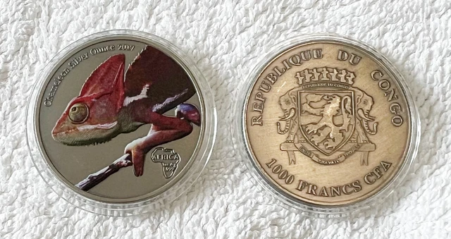 Rare Congo Chameleon Colored .999 Silver Layered Coin - Add to Your Collection!