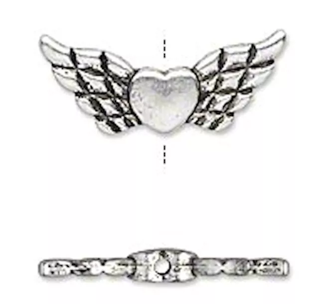 Bead, 20 Antiqued Silver Plated Pewter 22x9mm Wing with Heart with 0.8mm Hole