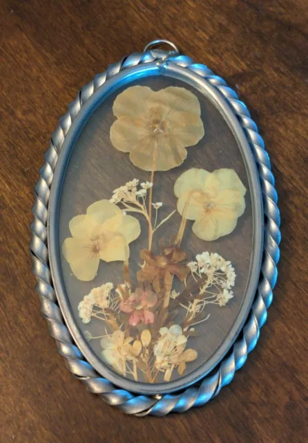 Vintage Pressed Flowers in Pewter & Glass Frame Hanging SunCatcher 5.5x3.5” Oval