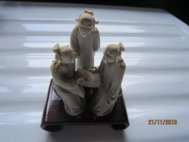 Chinese Clay Mud Man Ornament - 3 Elderly men talking at table 2.5"