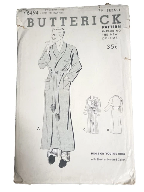 Antique Butterick Pattern Men's Or Youth Robe #6494 Sewing Fashion Design