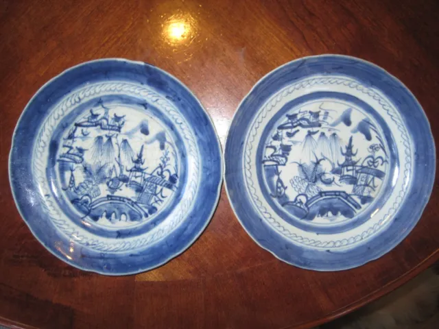 Pair Antique Blue & White Canton Ceramic Pottery Plates 8 1/2" Hand Painted