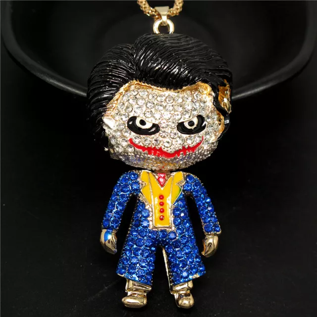 Jewelry Fashion Rhinestone Blue Enamel Clown Tuxedo Crystal Pendant Necklace