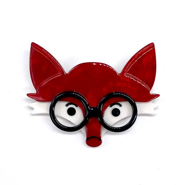 Acrylic Resin Brooch Cute Red and White Fox with Black Glasses Handmade New