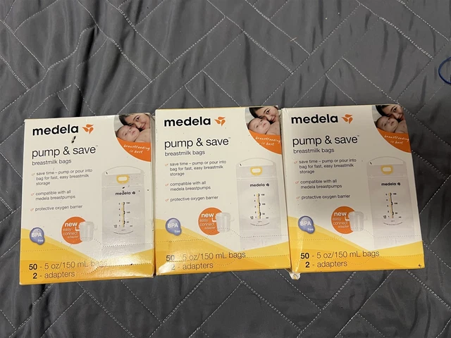 MEDELA PUMP & SAVE LOT OF 3 BOXES OF 50 5oz BAGS W/ 2 ADAPTERS