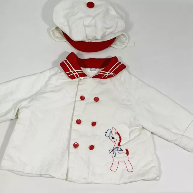 Vintage Jacket Hat Set White Red Sailor Newsboy Ribbed Embroidered Horse Sz 6mo