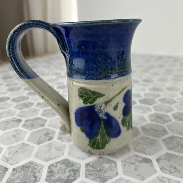 Handmade Pottery Coffee Cup Narrow Unique Floral Blue 4.5” Tall
