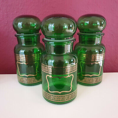 3x Apothekerflasche Apothekerglas Vorratsglas Stopfen Deckel grün gold Vintage 3