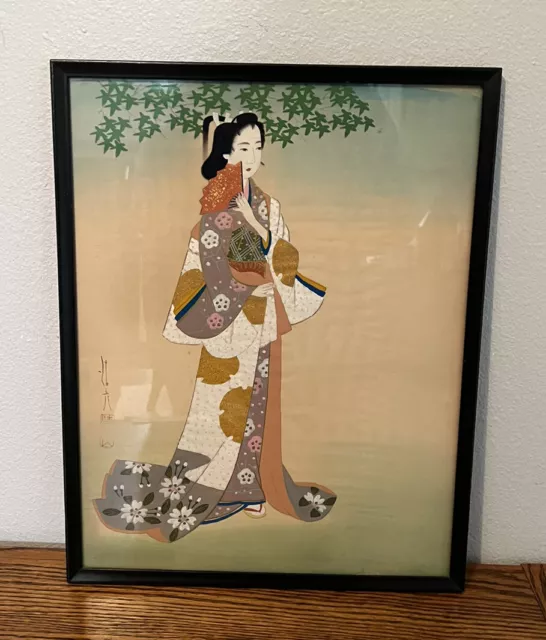 Vintage Japanese Painting on Silk “GEISHA", RED SEAL Signed, Framed. 17.5”x 14”