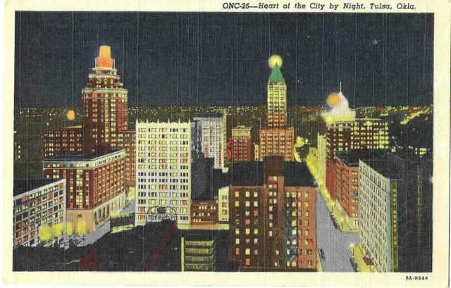 TULSA, OK: "Air View Heart Of The City By Night" VINTAGE Unused Linen PC 322A