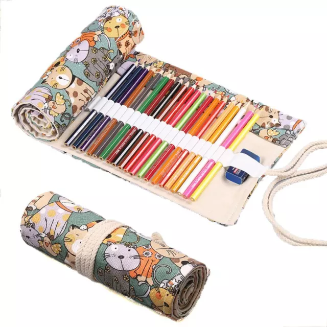 12-72 Holes Canvas Wrap Roll Up Pencil Bag Pen Case Holder Storage Pouch AU