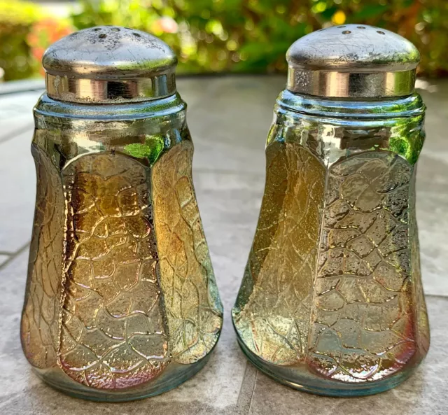 IMPERIAL CARNIVAL GLASS “SODA GOLD” MG on AQUA SALT & PEPPER SHAKERS – SCARCE! IMPERIAL CARNIVAL GLASS “SODA GOLD” MG on AQUA SALT & PEPPER SHAKERS – SCARCE!
