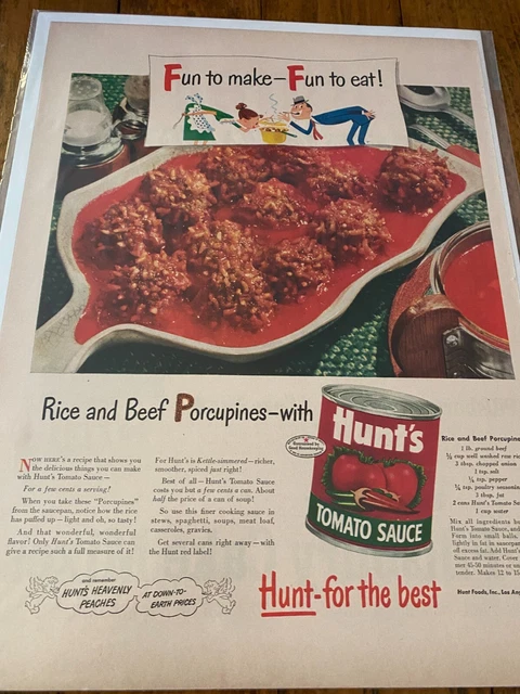 Vintage 1949 Hunt's Tomato Sauce Rice & Beef Porcupines Recipe ad