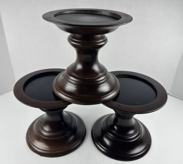 Pottery Barn Turned Wood Pillar Candle Holders Dark Espresso Brown Set of 3