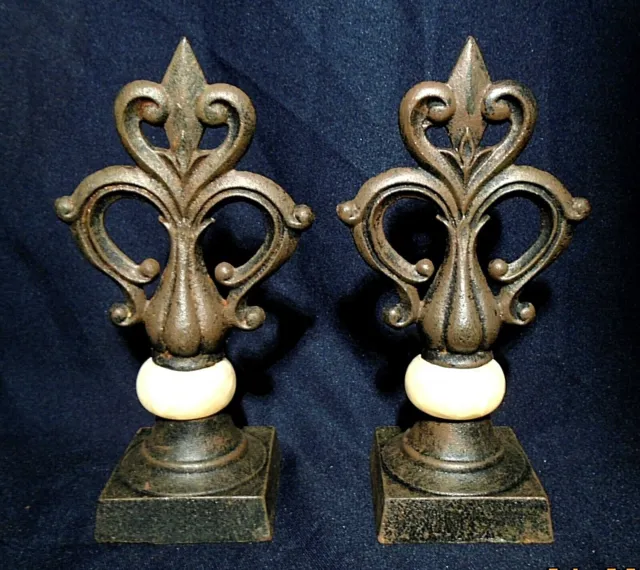 2 Antique Cast Iron & Faux Marble Finials -- 8 1/2" Tall -- Very Pretty!