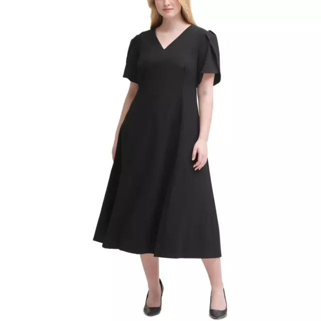 Calvin Klein Womens Black Crepe V-Neck Work Midi Dress Plus 18W BHFO 3895
