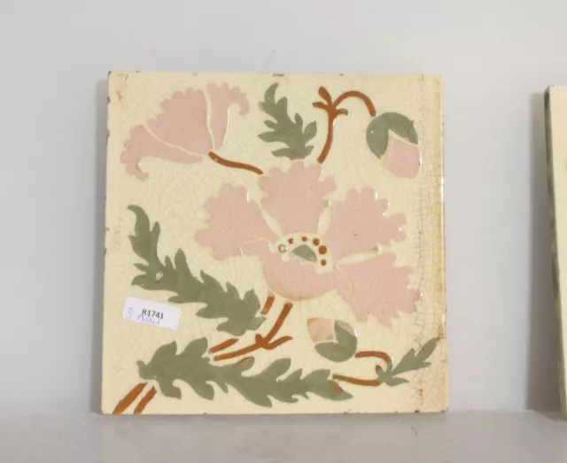 Antique Ceramic Tile Vintage Floral Art Nouveau Flowers Old Leaf "L.T"