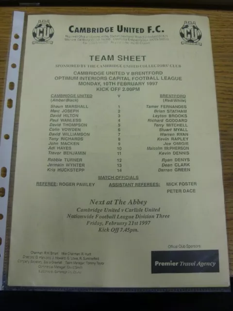 10/02/1997 Cambridge United Reserves v Brentford Reserves  (single sheet). Condi