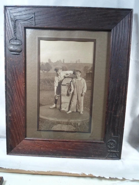 Arts & Crafts solid oak picture frame, Boys at pump,  9 by 12, # 2093