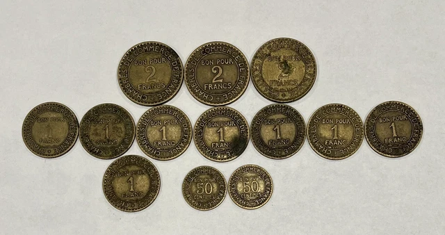 Lot de 13 pièces Bon Pour 1 franc 2 francs 1921/1924