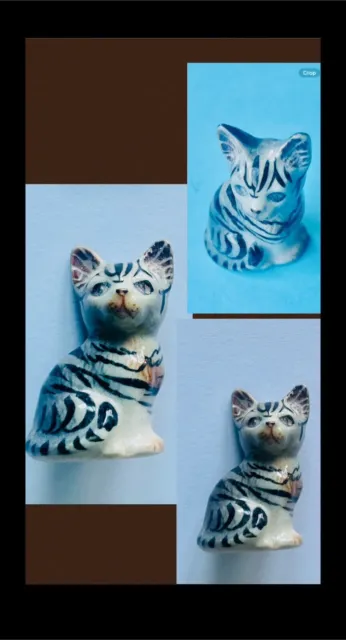 1 Vintage miniature Porcelain, Ceramic Tabby Cat Grey-Blue Figurine Hand Painted