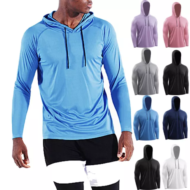 Mens UPF 50+ Sun Skin Protection T-Shirt Hoodie Long Sleeve Outdoor Fishing Top^