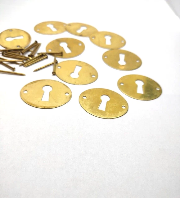 NOS Vintage Solid Brass Oval ESCUTCHEON keyhole Cover/Plate & Brass Nails 1.25"