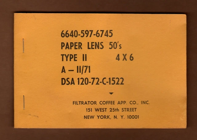 Vintage Paper Lens 50's Type II, 4" x 6", 6640-597-6745, Filtration Coffee Retro