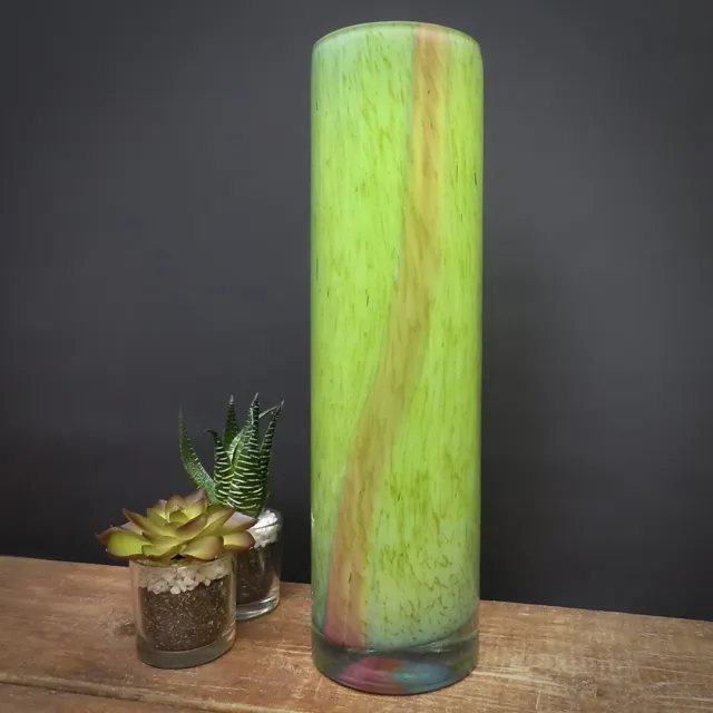 Hand Blown Glass Vase Green Art Confetti Cylinder Tall Hand Made Austrian Used